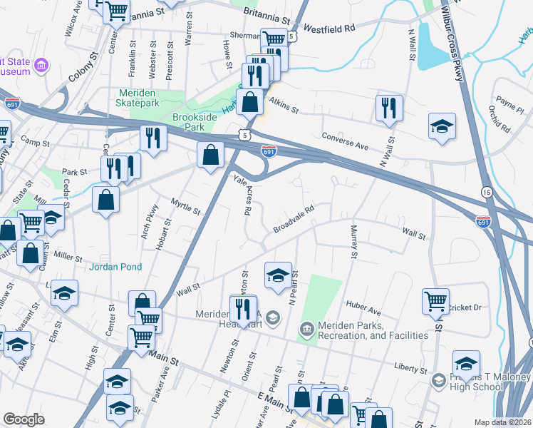 map of restaurants, bars, coffee shops, grocery stores, and more near 43 Welles Terrace in Meriden