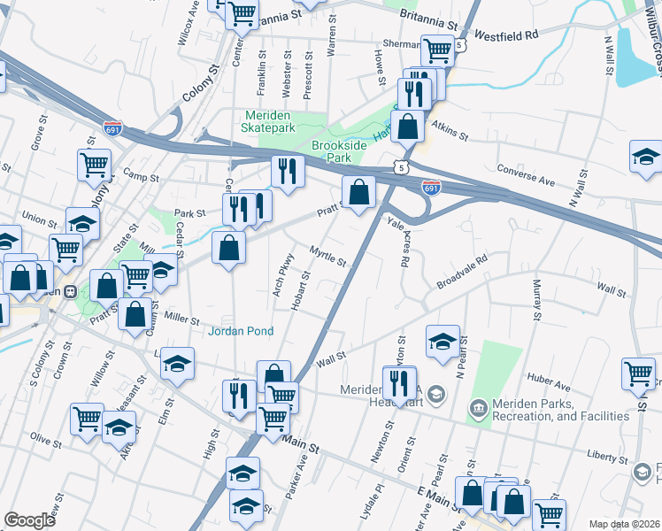 map of restaurants, bars, coffee shops, grocery stores, and more near 87 Myrtle Street in Meriden