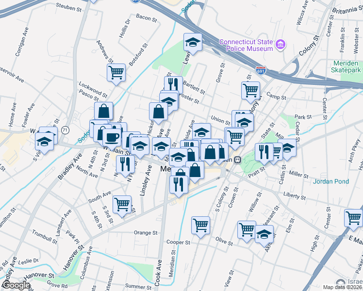 map of restaurants, bars, coffee shops, grocery stores, and more near 43 Maple Street in Meriden
