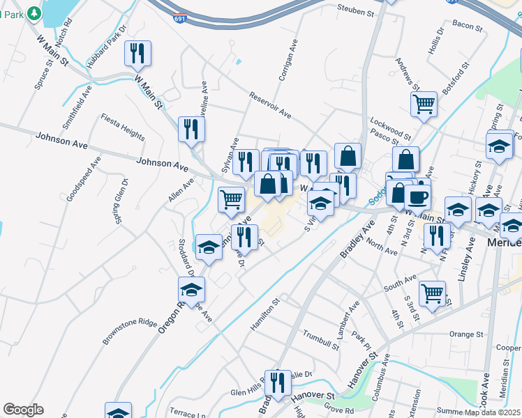 map of restaurants, bars, coffee shops, grocery stores, and more near 514 West Main Street in Meriden