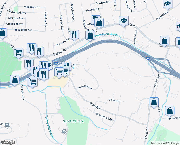 map of restaurants, bars, coffee shops, grocery stores, and more near 193 Stonefield Drive in Waterbury