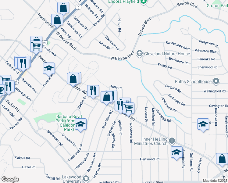 map of restaurants, bars, coffee shops, grocery stores, and more near 16218 Helmsdale Road in East Cleveland