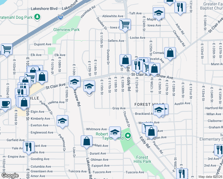 map of restaurants, bars, coffee shops, grocery stores, and more near 646 East 118th Street in Cleveland