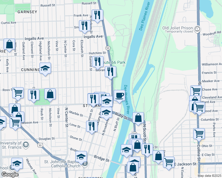 map of restaurants, bars, coffee shops, grocery stores, and more near 830 North Hickory Street in Joliet