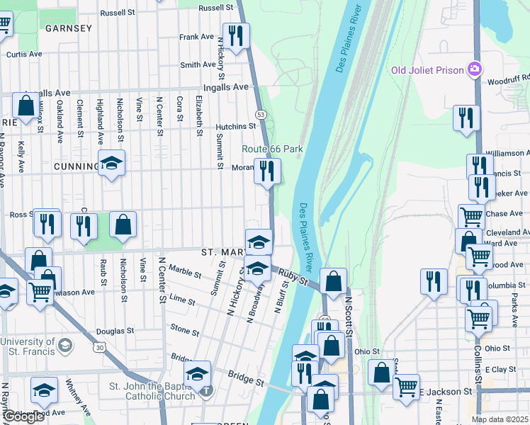 map of restaurants, bars, coffee shops, grocery stores, and more near 830 North Hickory Street in Joliet