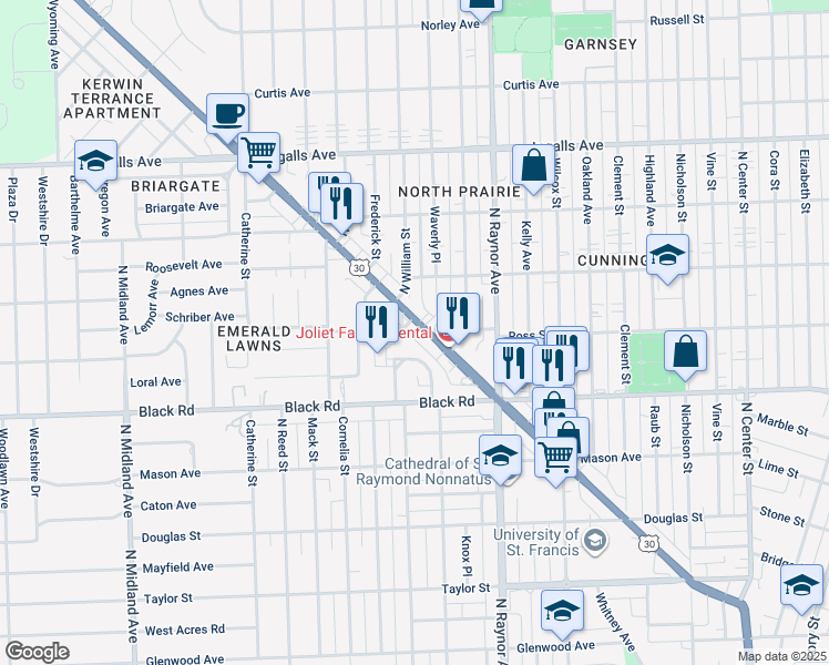map of restaurants, bars, coffee shops, grocery stores, and more near 832 Plainfield Road in Joliet