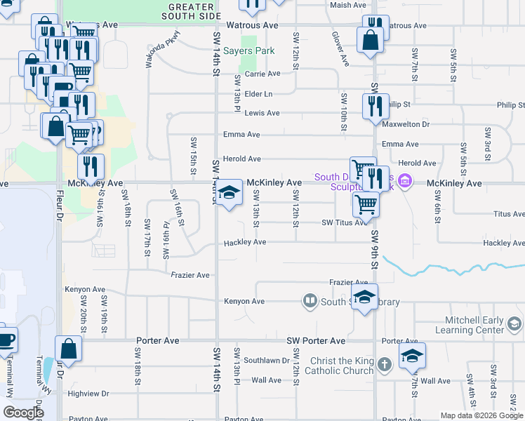 map of restaurants, bars, coffee shops, grocery stores, and more near 4915 Southwest 13th Street in Des Moines