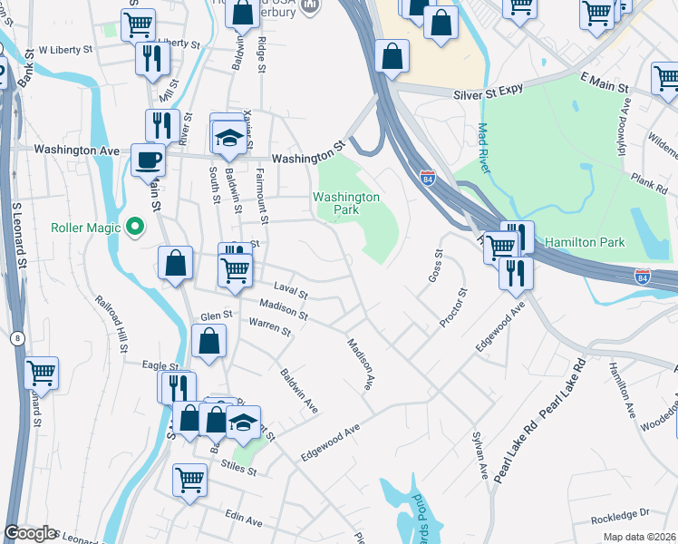 map of restaurants, bars, coffee shops, grocery stores, and more near 365 Lounsbury Street in Waterbury