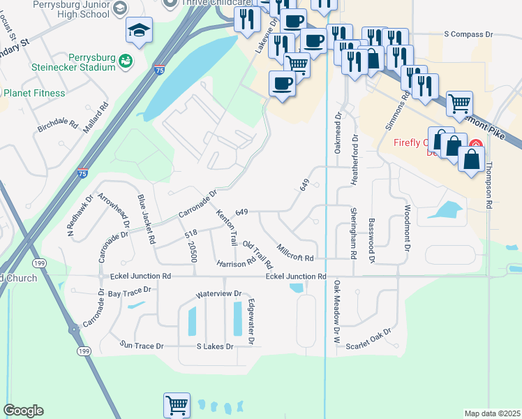 map of restaurants, bars, coffee shops, grocery stores, and more near 9736 Bishopswood Lane in Perrysburg