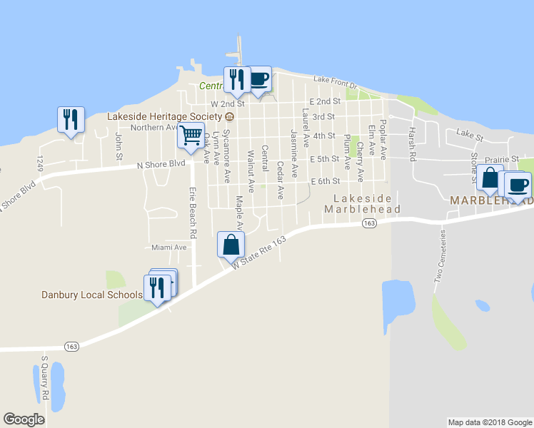 map of restaurants, bars, coffee shops, grocery stores, and more near Central Avenue in Lakeside Marblehead