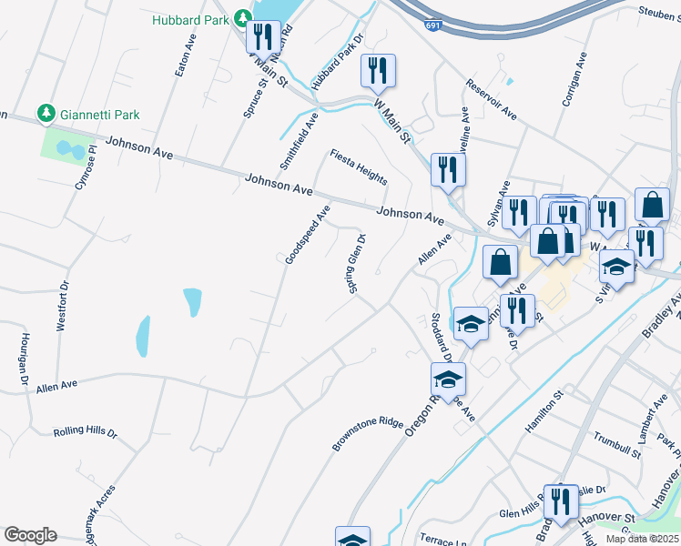 map of restaurants, bars, coffee shops, grocery stores, and more near 51 Spring Glen Drive in Meriden