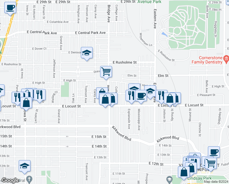 map of restaurants, bars, coffee shops, grocery stores, and more near 2004 College Avenue in Davenport