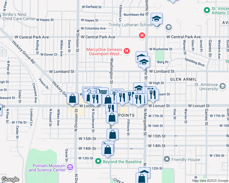 map of restaurants, bars, coffee shops, grocery stores, and more near 1448 West Pleasant Street in Davenport