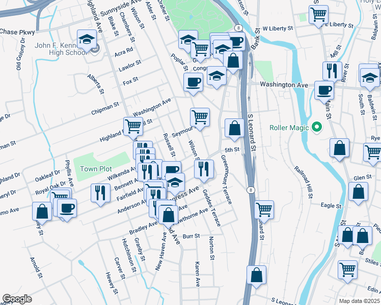 map of restaurants, bars, coffee shops, grocery stores, and more near 8 Clairmont Avenue in Waterbury