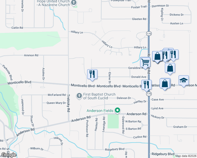 map of restaurants, bars, coffee shops, grocery stores, and more near 4794 Donald Avenue in Richmond Heights