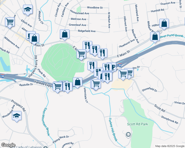 map of restaurants, bars, coffee shops, grocery stores, and more near 540 Plank Road in Waterbury
