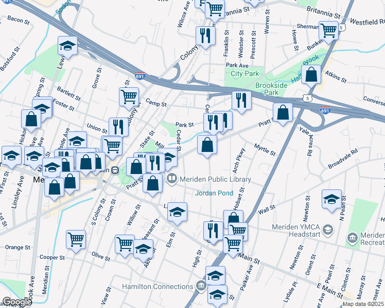 map of restaurants, bars, coffee shops, grocery stores, and more near 169 Pratt Street in Meriden