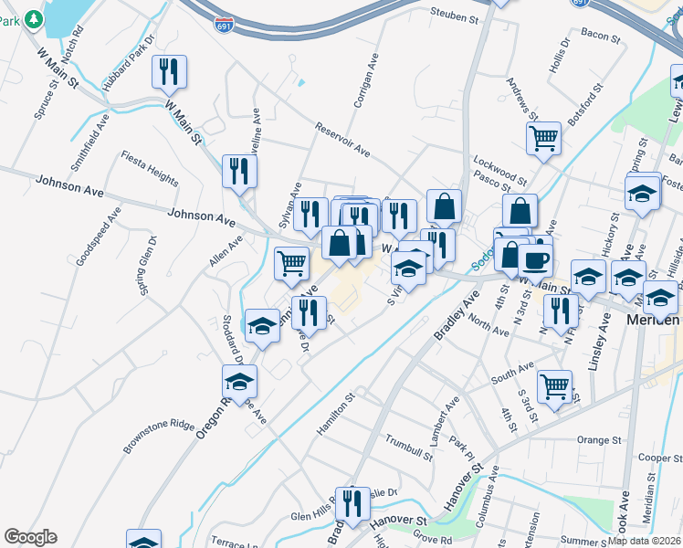 map of restaurants, bars, coffee shops, grocery stores, and more near 514 West Main Street in Meriden