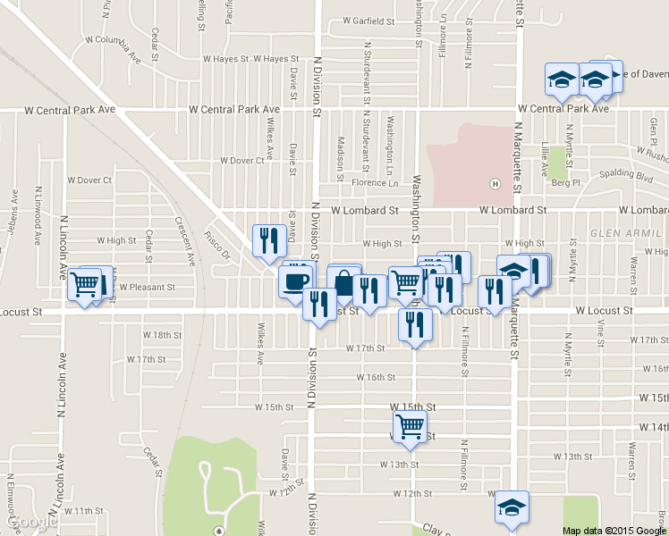 map of restaurants, bars, coffee shops, grocery stores, and more near 1636 West Pleasant Street in Davenport