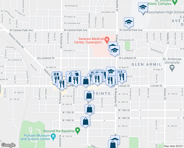 map of restaurants, bars, coffee shops, grocery stores, and more near 1448 West Pleasant Street in Davenport