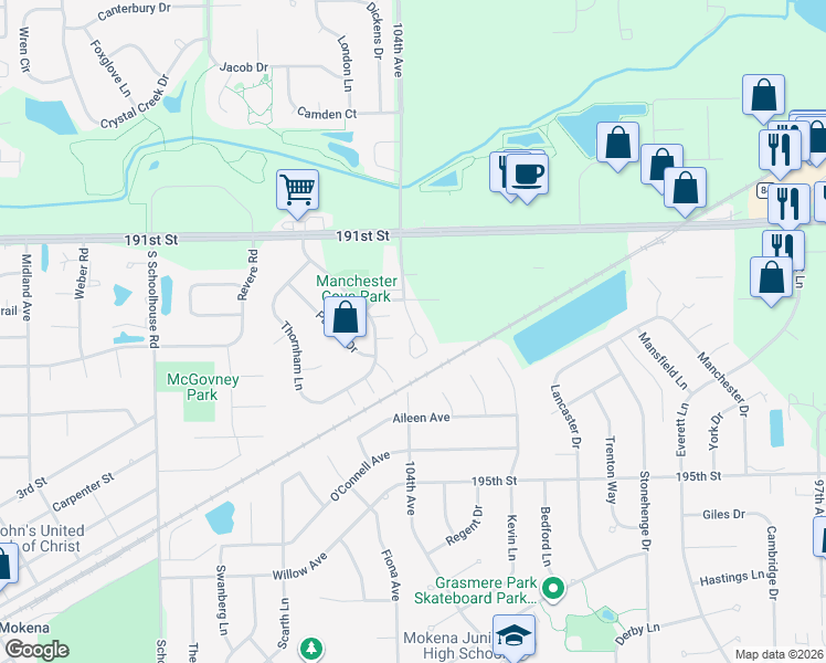 map of restaurants, bars, coffee shops, grocery stores, and more near 19220 104th Avenue in Mokena