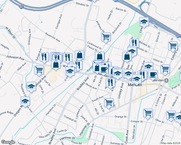 map of restaurants, bars, coffee shops, grocery stores, and more near 14 Bradley Avenue in Meriden