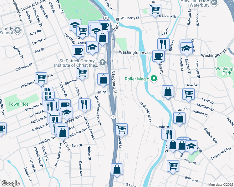 map of restaurants, bars, coffee shops, grocery stores, and more near 217 South Leonard Street in Waterbury