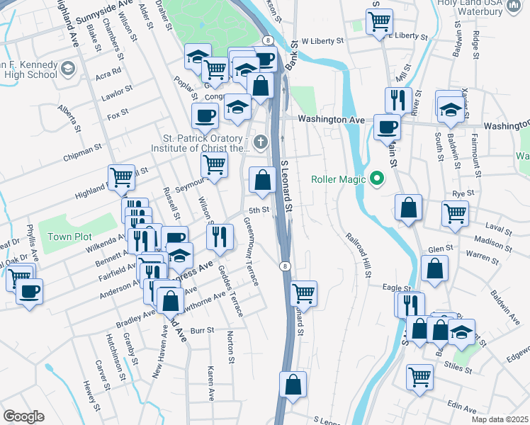 map of restaurants, bars, coffee shops, grocery stores, and more near 20 Gardner Street in Waterbury