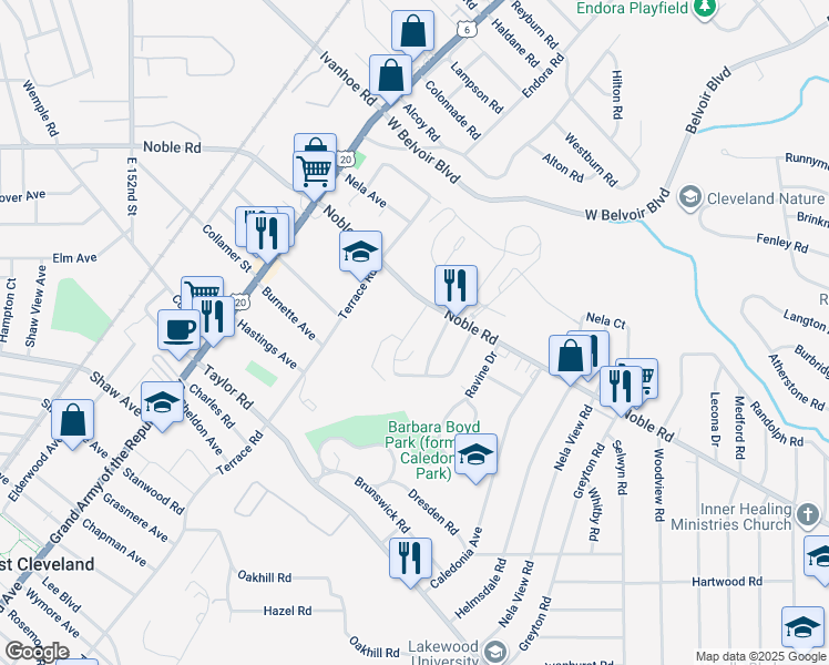 map of restaurants, bars, coffee shops, grocery stores, and more near 16001 Nelamere Road in East Cleveland