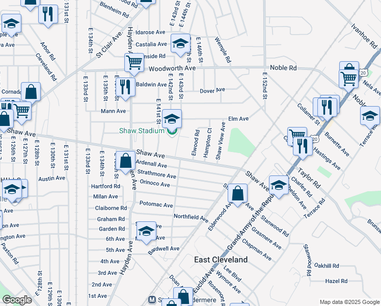 map of restaurants, bars, coffee shops, grocery stores, and more near 14403 Shaw Avenue in East Cleveland