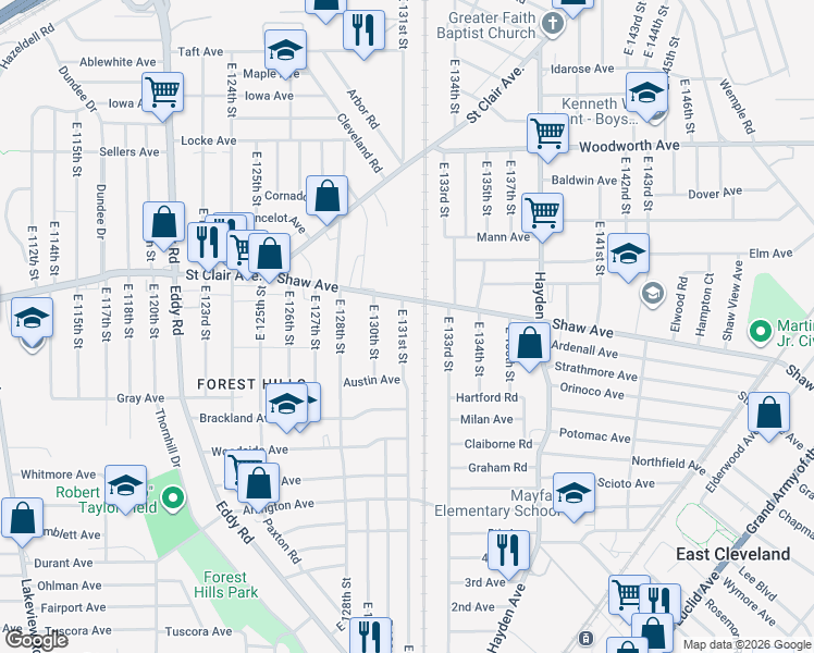 map of restaurants, bars, coffee shops, grocery stores, and more near 644 East 131st Street in Cleveland