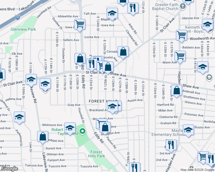 map of restaurants, bars, coffee shops, grocery stores, and more near 660 East 126th Street in Cleveland