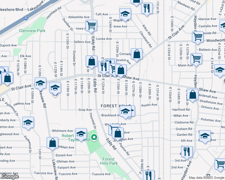 map of restaurants, bars, coffee shops, grocery stores, and more near 643 East 124th Street in Cleveland