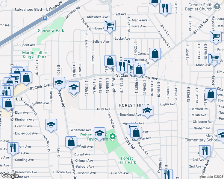 map of restaurants, bars, coffee shops, grocery stores, and more near 645 East 120th Street in Cleveland