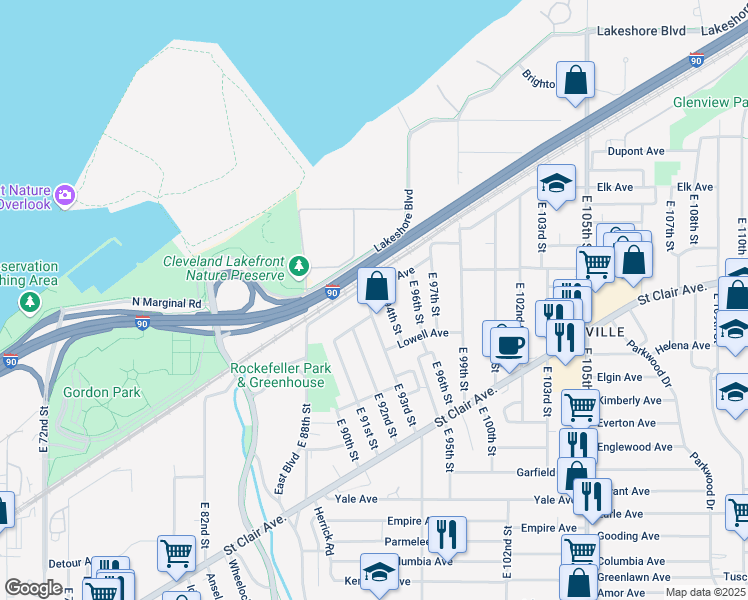 map of restaurants, bars, coffee shops, grocery stores, and more near 630 East 94th Street in Cleveland
