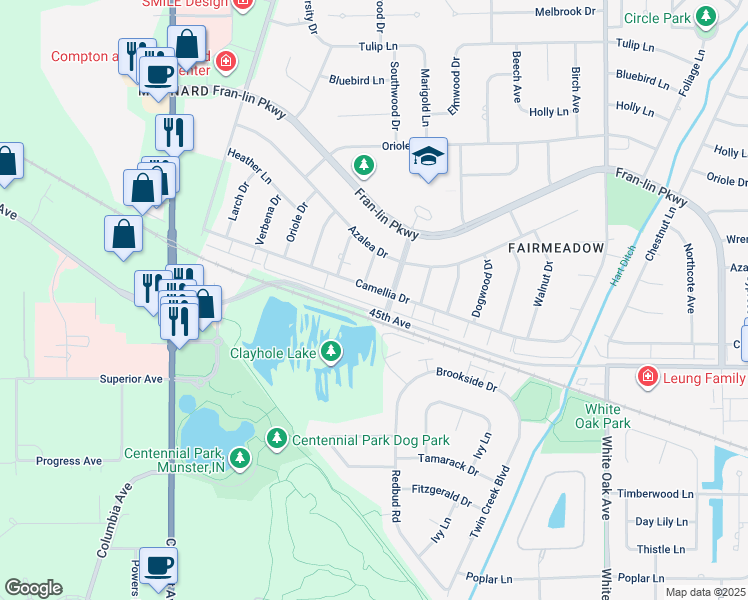 map of restaurants, bars, coffee shops, grocery stores, and more near 1000-1198 45th Street in Munster