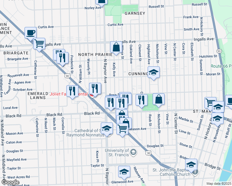 map of restaurants, bars, coffee shops, grocery stores, and more near 823 Wilcox Street in Joliet