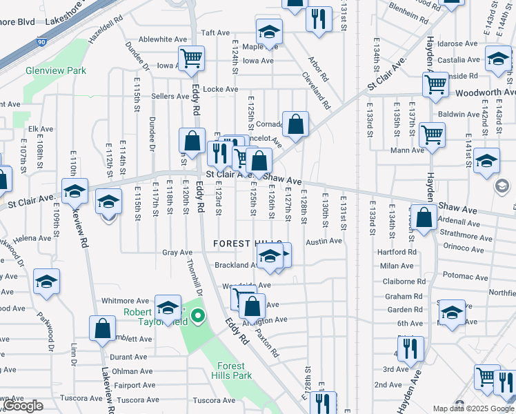 map of restaurants, bars, coffee shops, grocery stores, and more near 660 East 126th Street in Cleveland