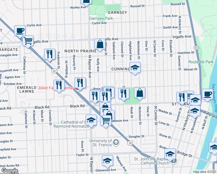 map of restaurants, bars, coffee shops, grocery stores, and more near 900 Wilcox Street in Joliet
