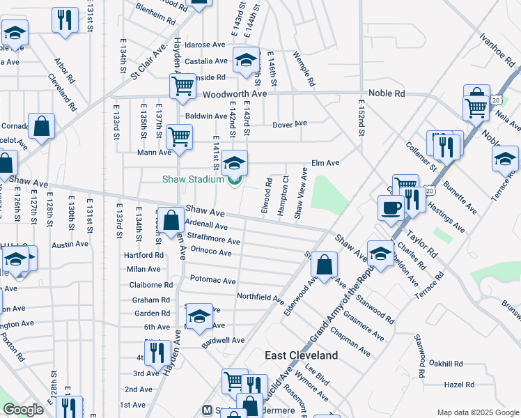 map of restaurants, bars, coffee shops, grocery stores, and more near 14403 Shaw Avenue in East Cleveland