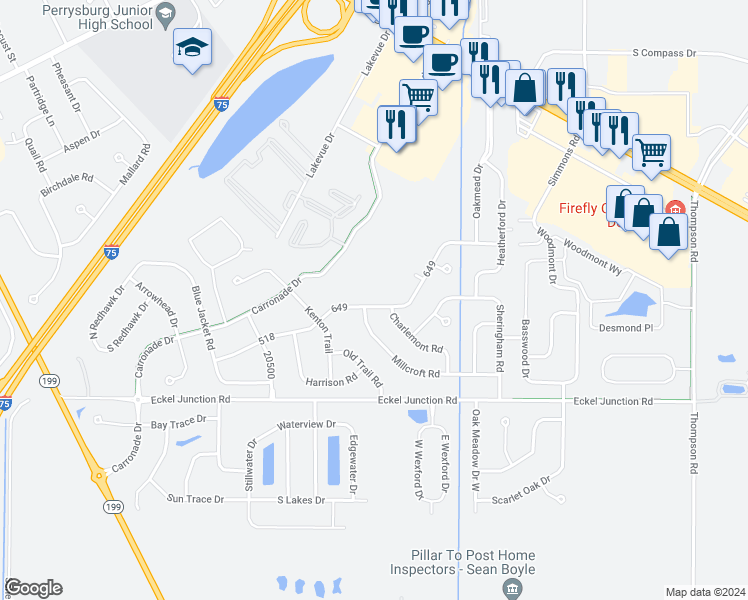 map of restaurants, bars, coffee shops, grocery stores, and more near 9722 Bishopswood Lane in Perrysburg