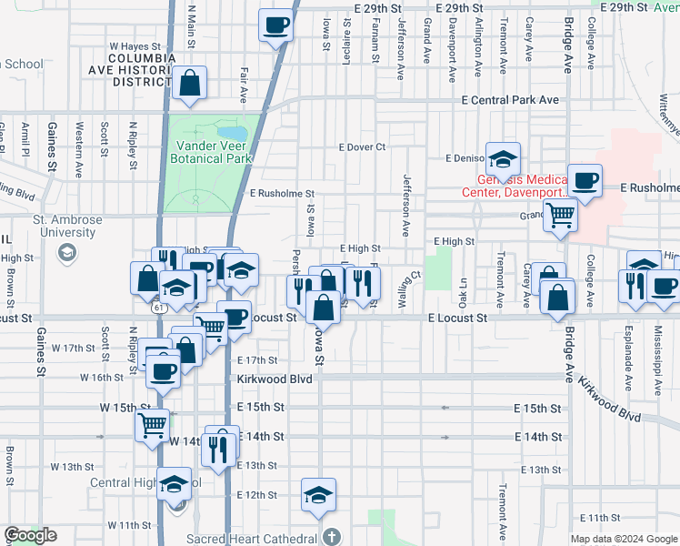 map of restaurants, bars, coffee shops, grocery stores, and more near 2014 Leclaire Street in Davenport