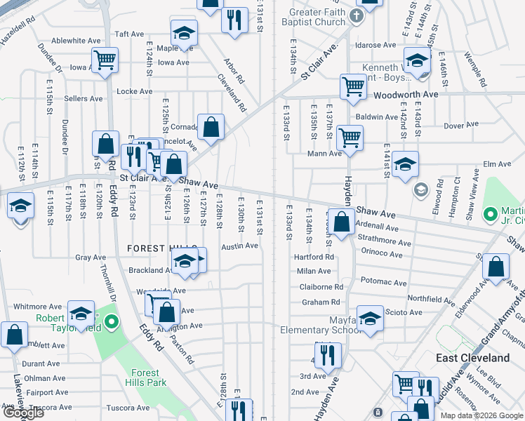 map of restaurants, bars, coffee shops, grocery stores, and more near 644 East 131st Street in Cleveland