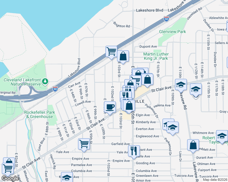 map of restaurants, bars, coffee shops, grocery stores, and more near 637 East 102nd Street in Cleveland