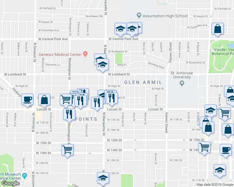 map of restaurants, bars, coffee shops, grocery stores, and more near 2015 Lillie Avenue in Davenport