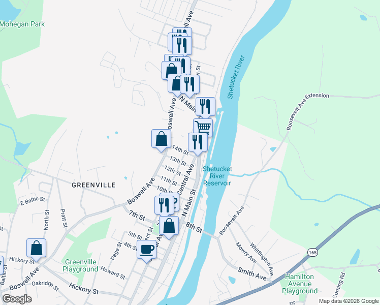 map of restaurants, bars, coffee shops, grocery stores, and more near 327 Prospect Street in Norwich