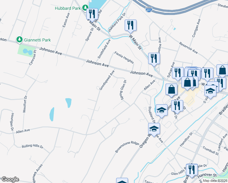 map of restaurants, bars, coffee shops, grocery stores, and more near 54 Blueberry Lane in Meriden