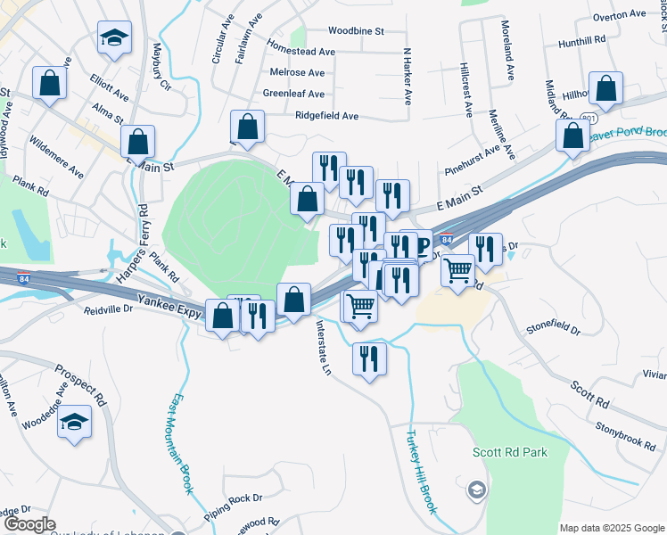 map of restaurants, bars, coffee shops, grocery stores, and more near 540 Plank Road in Waterbury