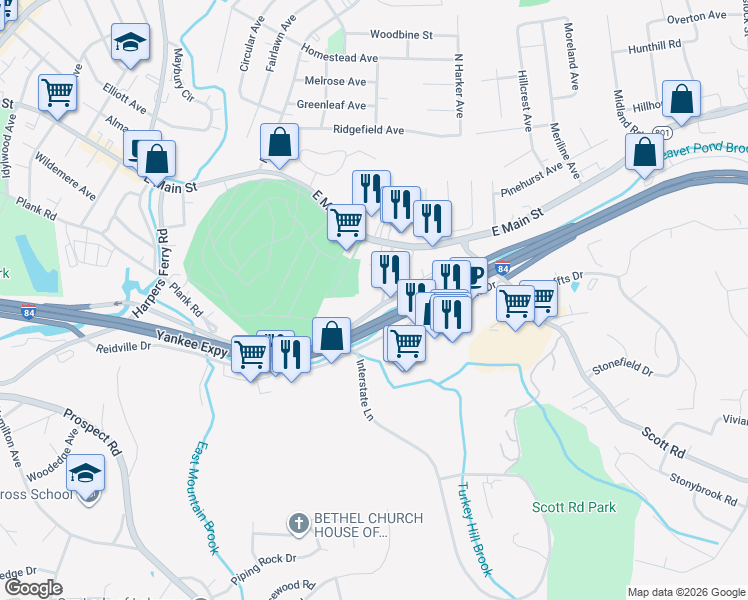 map of restaurants, bars, coffee shops, grocery stores, and more near 540 Plank Road in Waterbury