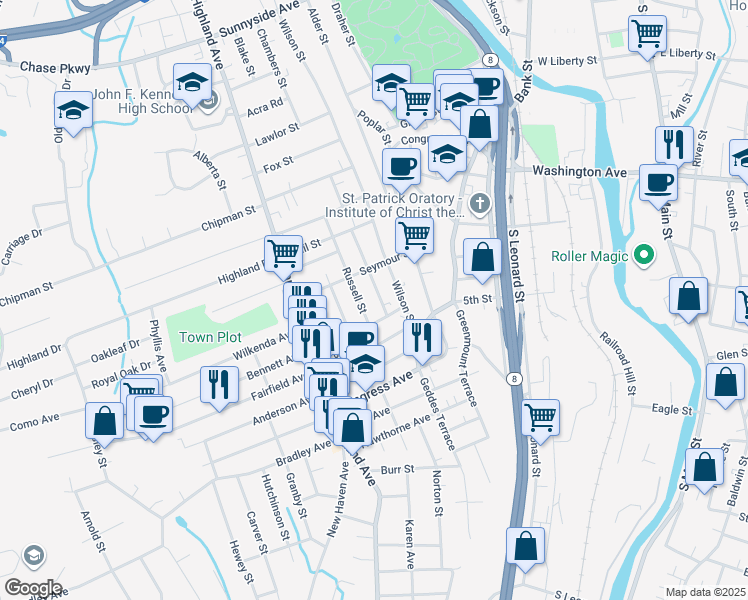 map of restaurants, bars, coffee shops, grocery stores, and more near 64 Norman Street in Waterbury